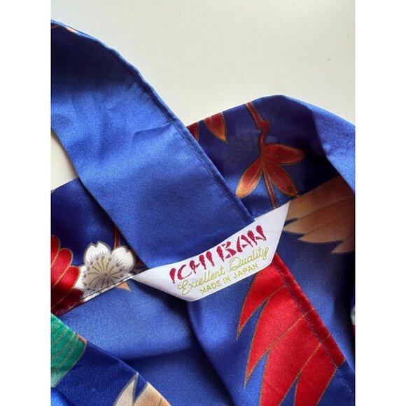 Vintage ICHIBAN Blue Oriental Floral Crane Print Satin Kimono Robe, One Size - Picture 12 of 13